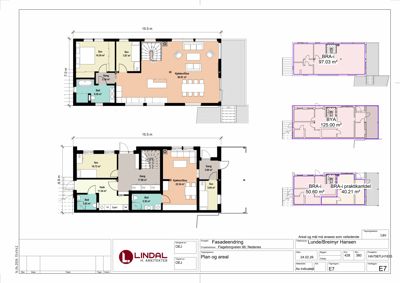 Etasjeplaner (plan og areal) som viser romfordeling og arealer for et fleretasjes hus.
