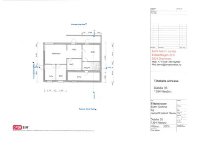 Etasjeplan for kjelleretasje som viser romfordeling (kjellerstue, hall, bod, bad, trapp, soverom, gym) og fasader.