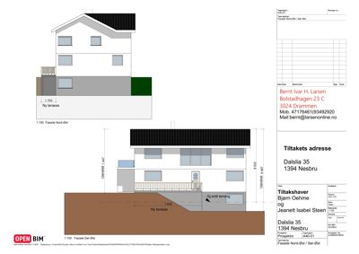 Fasadetegning som viser bygningens utseende sett fra nord-øst og sør-øst, inkludert mål og detaljer som terrasser.