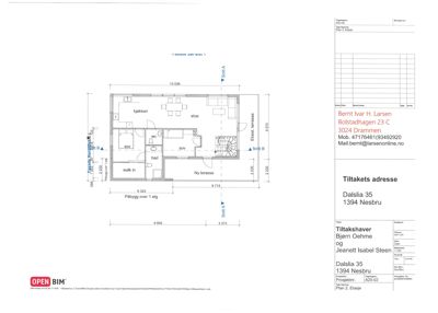 Etasjeplan (1. etasje) som viser romfordeling, mål og skisse over en bolig.