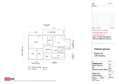 Etasjeplan som viser romfordeling, mål og eksisterende/tilbyggte deler av en bolig.