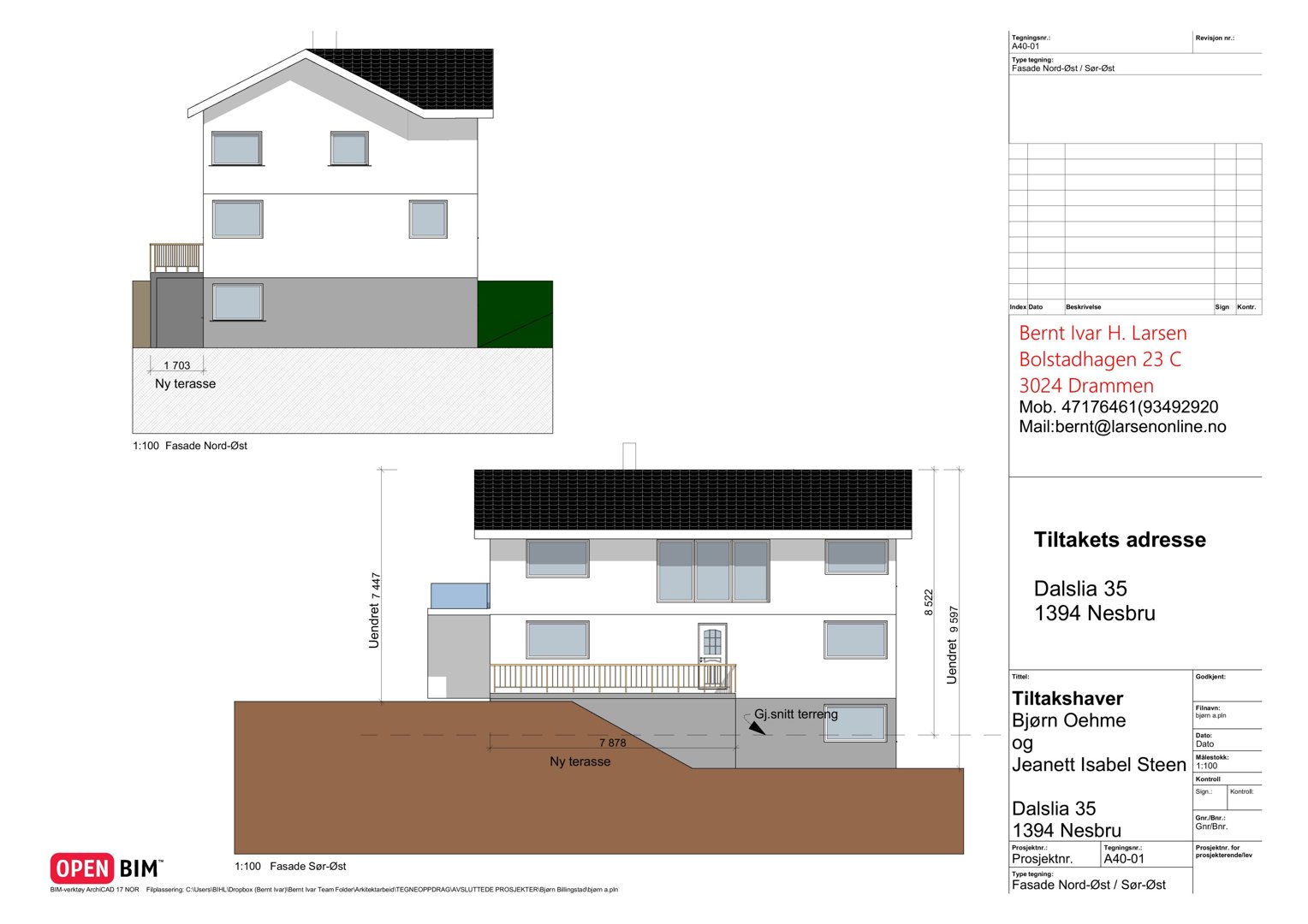 Fasadetegning som viser bygningens utseende sett fra nord-øst og sør-øst, inkludert mål og detaljer som terrasser.