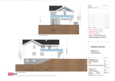 Fasadetegning av en bolig sett fra sør-vest og nord-vest, med mål og detaljer om påbygg.