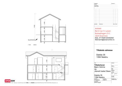 Snittegning (Snitt A) som viser tverrsnittet av en bolig, inkludert høyder og romfordeling.