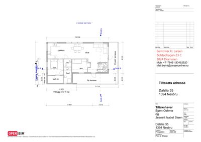 Etasjeplan som viser romfordeling, mål og snittlinjer for en påbygg over 1. etasje.