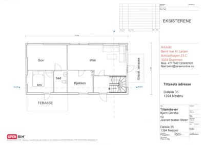 Etasjeplan (2. etg) som viser romfordeling for en eksisterende bygning, inkludert stue, kjøkken, bad og soverom.