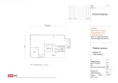 Etasjeplan for eksisterende bygning (Plan 1. Etasje) som viser romfordeling, mål og funksjoner.