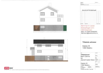 Bildet viser to fasadetegninger av en bolig, en eksisterende og en planlagt, med detaljer om vinduer, tak og grunnmur.