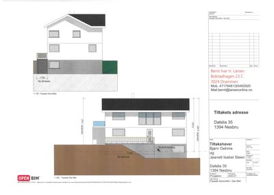 Bildet viser fasadetekninger av en bolig sett fra nord og øst, inkludert mål og detaljer om terrasser.