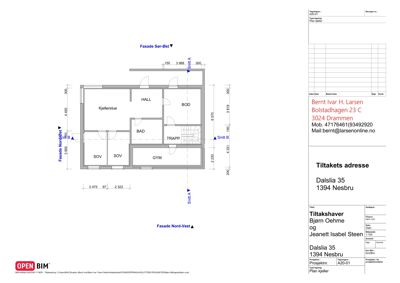 Etasjeplan eller kjellerplan som viser romfordeling (Kjellerstue, HALL, BOD, SOV, GYM, TRAPP, BAD) og mål.