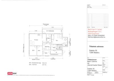 Etasjeplan (1. etasje) som viser romfordeling, eksisterende og nytt bygg, samt mål.