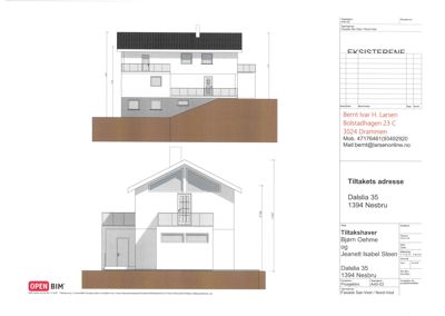 Fasadetegning som viser bygningens utseende fra to vinkler (Sør/Vest og Nord/Vest).