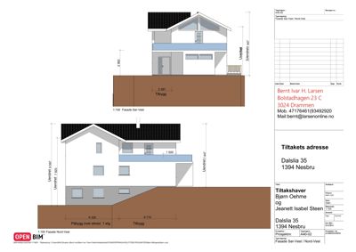 Fasadetegning som viser bygningens utseende sett fra nord-vest, med mål og detaljer.