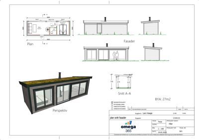 Dette bildet viser en tegning som inneholder fasadeopprikk (Fasader), et snitt (Snitt A-A) og en 3D-perspektivvisning (Perspektiv) av en liten bygning. Det er også en plan (Plan) i øvre venstre hjørne.