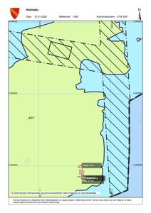 Situasjonsplan for tomta 'Holmabu' med angitt areal, dimensjoner og koordinatsystem.