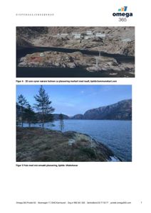 Bildet viser to fotografier (Figur 4 og Figur 5) som dokumenterer et prosjektområde. Figur 4 er en 3D-visualisering (rendering) av et terreng med overlagte bygningstegninger, mens Figur 5 er et fotografi av det faktiske området. Begge bildene er brukt til å illustrere plassering av tiltaket.