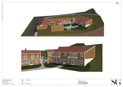3D-visualisering (perspektivtegning) av et planlagt boligprosjekt med flere hus.