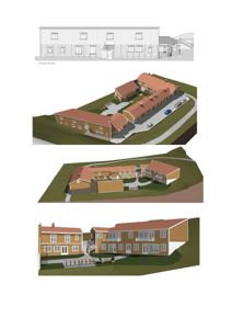 Bildet viser en serie med 3D-visualiseringer av et planlagt byggkompleks, inkludert fasade og situasjonsvisninger.