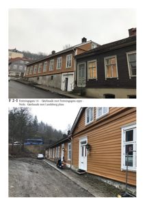 To fotografier av en eksisterende bygning, vist fra ulike vinkler og fasader.