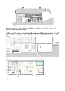 Bildet viser en byggesak med en fasadetegning øverst, tekstdokumentasjon i midten, og et etasjeplan (floor plan) nederst som viser romfordeling.