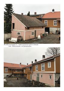 Fotografier av en bygning (stall og portrom) og en tilhørende bygning sett fra utsiden, inkludert en beskrivende tekstlinje.