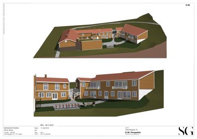 3D-visualisering (perspektivtegning) av et boligkompleks med fasade og omgivelser.