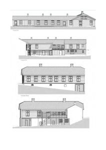 Bildet viser fire fasadetegninger av en bygning sett fra ulike vinkler (Sør, Vest, Nord, Øst).