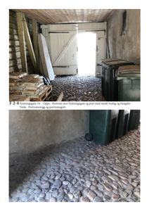 Fotografier av en portrom i en bygning, som viser gulv, vegger og en port.