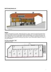 Bildet viser en arkitekttegning med to deler: øverst en fasadetekning (rendering) av en bygning, og nederst et etasjeplan (E-07 Plan underetasje – Stall) med romfordeling og mål.