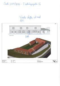 Bildet viser en tegning av bygningens fasade sett fra sørvest, samt en 3D-visualisering av hele bygningen. Det er også håndskrevne notater om endringer.