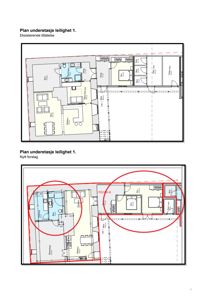Bildet viser to etasjeplaner (floor plans) for 'Plan underetasje leilighet 1'. Øverste plan er merket som 'Eksisterende tillatelse' og nederste som 'Nytt forslag'. Begge viser romfordeling, vegger og dører.