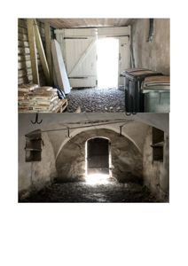 To fotografier av en bygningens indre, en viser et loft eller kjellerrom med en hvit dør, og den andre viser et steinlagt rom med en bueformet døråpning.