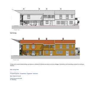 Bildet viser to fasadetegninger av en bygning sett fra vest. Den øverste er en svart-hvit tegning, mens den nederste er en fargerik visualisering av et nytt forslag. Begge viser bygningens utseende utenfra.