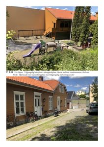 To fotografier av en bygning og omgivelsene, inkludert lekeplass og gatefasade.