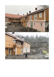 Fotografi av en nybygd eller renovert bolig under arbeid, med synlig graving og uferdig terreng.