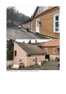To fotografier av en bygning (stall og portrom) med teksten 'F 2-2 Festningsgata 16 - Stallen og portrom og del av sørfasade' under.