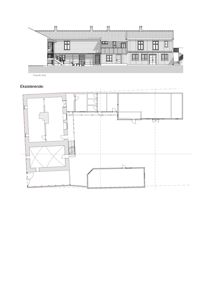 Bildet viser en tegning med to deler: øverst en fasadetegning og nederst et etasjeplan (floor plan) av en eksisterende bygning.