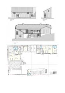 Bildet viser en kombinasjon av fasadetegninger (øverst) og et etasjeplan (nederst) som viser romfordeling.