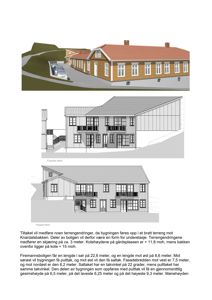 Bildet viser tre tegninger av fasader (vest, nord og en tredje vinkel) på en planlagt bygning, samt en tekstbeskrivelse av bygningens dimensjoner og terrengforhold.