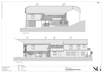 Bildet viser to fasadetegninger (Sør og Vest) av en bygning med detaljer om tak, vinduer og vegger.