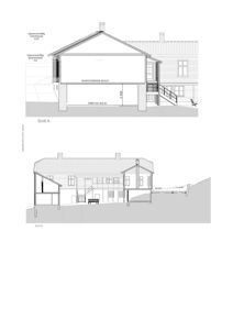 Bildet viser to snittegninger (Snitt A og Snitt B) av en bygning, som illustrerer tverrsnittet gjennom huset.