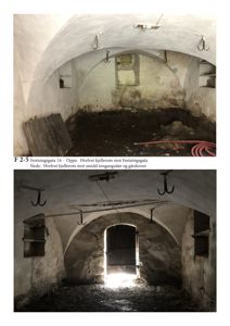 Fotografier av et hvelvet kjellerrom i en bygning på Festningsgata 16.