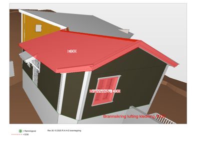 3D-visualisering av en bygning med brannsikringsdetaljer markert.
