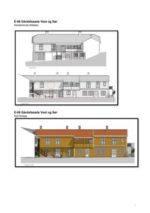 Bildet viser fasadetegninger for en bygning, både eksisterende tilstand og et nytt forslag, med fokus på vest- og sørfasaden.