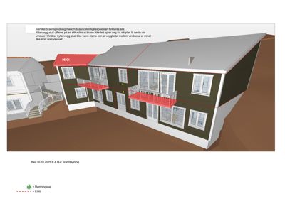 3D-visualisering av en bygning med overlagte brannspredningslinjer og en teknisk forklaring.
