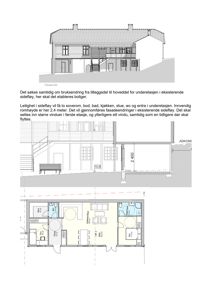 Bildet viser en kombinasjon av en fasadetegning og et etasjeplan (floor plan) for en bolig. Den nedre delen av tegningen viser romfordeling med stue, kjøkken, soverom og bad.