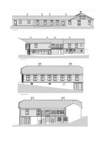 Bildet viser fire tegninger av fasader på en bygning, merket 'Fasade Øst', 'Fasade Vest', 'Fasade Nord' og 'Fasade Sør'.