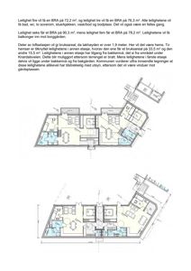 Etasjeplaner som viser romfordeling og bruksareal for ulike leiligheter i en bygning.