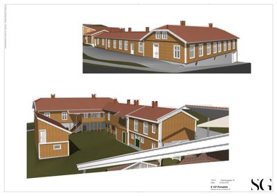 3D-visualisering av en boligbebyggelse med tre hus sett fra ulike vinkler.