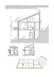 Bildet viser en snittegning (tverrsnitt) av en bygning med høydeangivelser, samt mindre fasadeutsnitt og et planutsnitt.